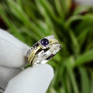 Handmade African Amethyst Spinner Ring: 925 Sterling Silver, Size 10