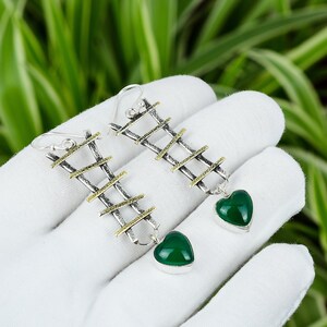 Handmade Green Onyx Heart Earrings: 925 Sterling Silver, 18K Gold Plated