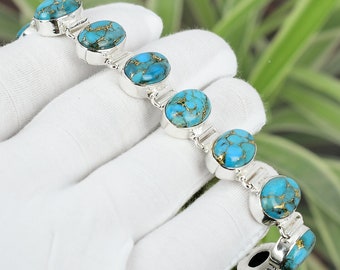 Koper blauw turkoois edelsteen armband 925 sterling zilveren armband verstelbare armband blauw turkoois sieraden handgemaakte armband voor cadeau