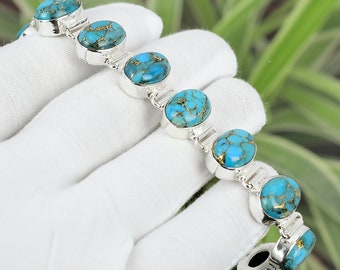 Copper Blue Turquoise Gemstone Bracelet 925 Sterling Silver Bracelet Adjustable Bracelet Blue Turquoise Jewelry Handmade Bracelet For Gift