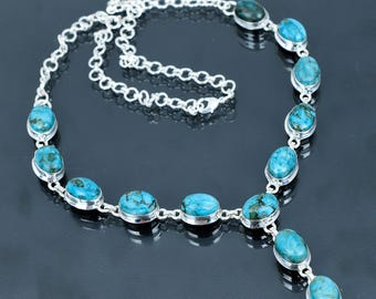 Tibetan Turquoise Necklace: Handmade 925 Sterling Silver, Adjustable Chain