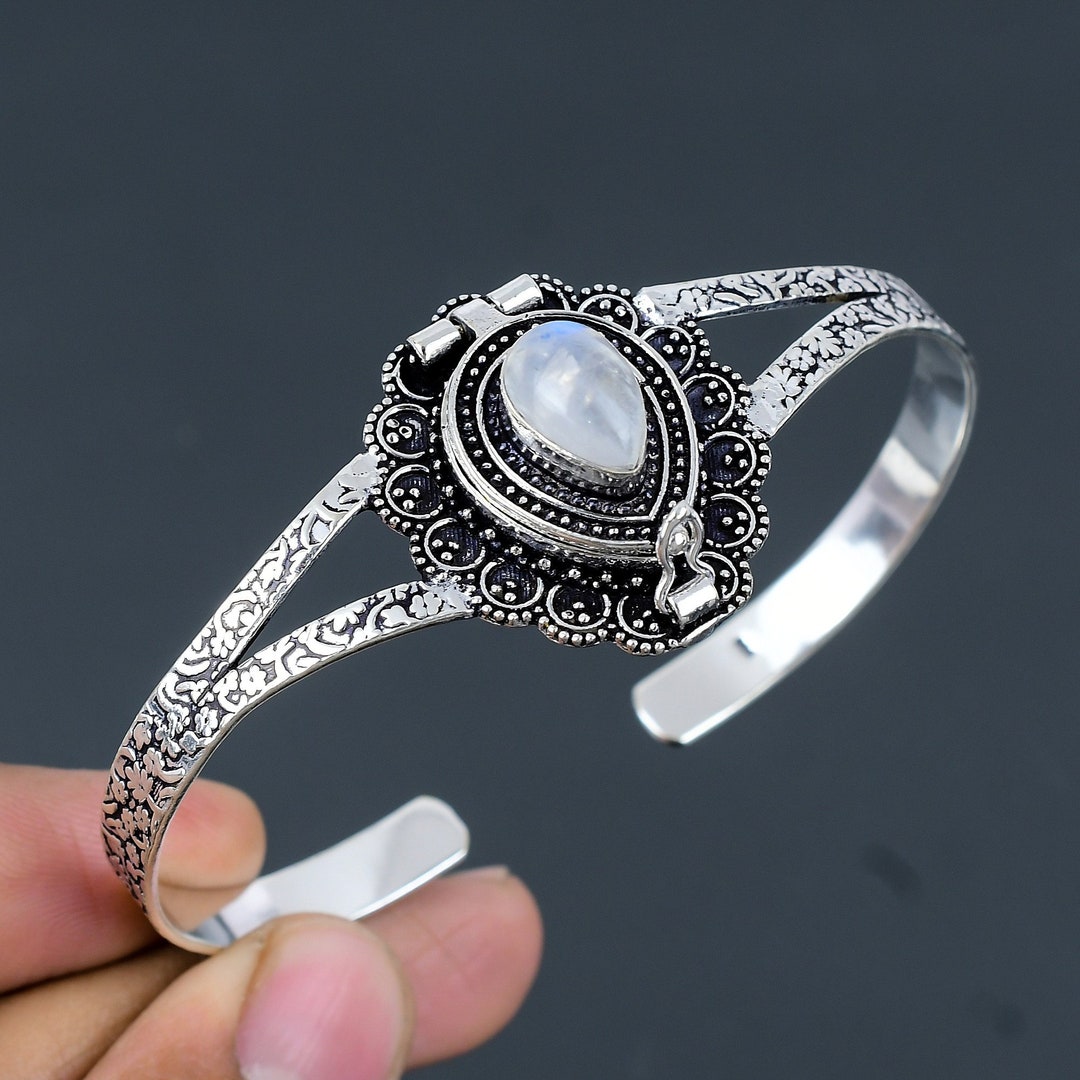 Rainbow Moonstone Bangle 925 Sterling Silver Cuff Bracelet Poison Box