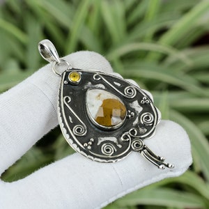 Faceted Spessartine Garnet In Limestone Pendant Citrine Pendant 925 Sterling Silver Pendant Handmade Real Gemstone Jewelry Engagement Gifts