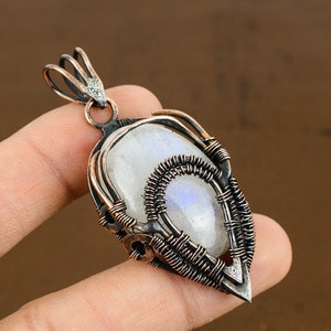 Handmade Copper Wire Wrapped Rainbow Moonstone Pendant