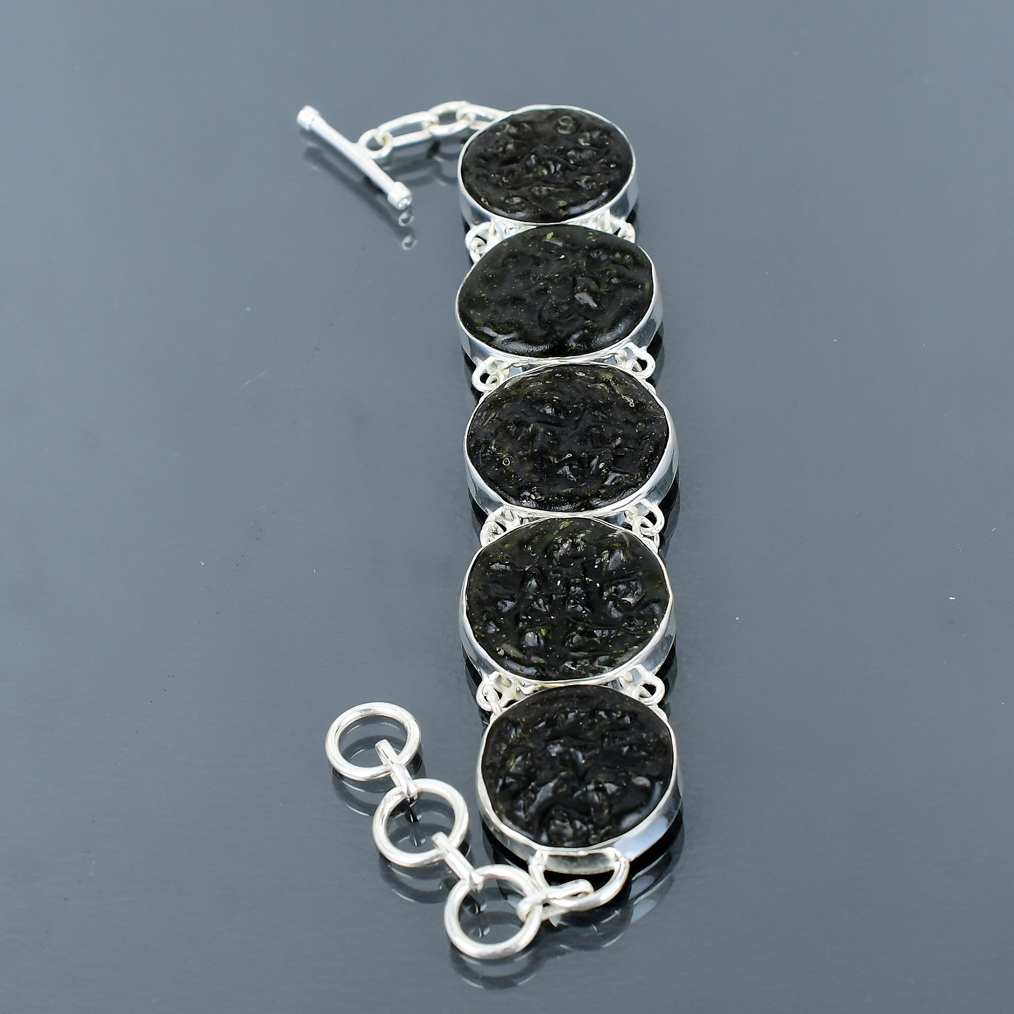 ハンドメイド モルダバイト 925 スターリングシルバー ブレスレット 