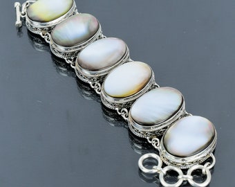 Vintage Perlmutt Armband: Handgefertigte 925 Sterling Silber Kette