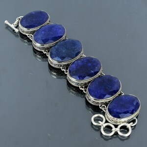 Facettierter Blauer Saphir Armband: Handgemachte 925 Sterling Silber Kette