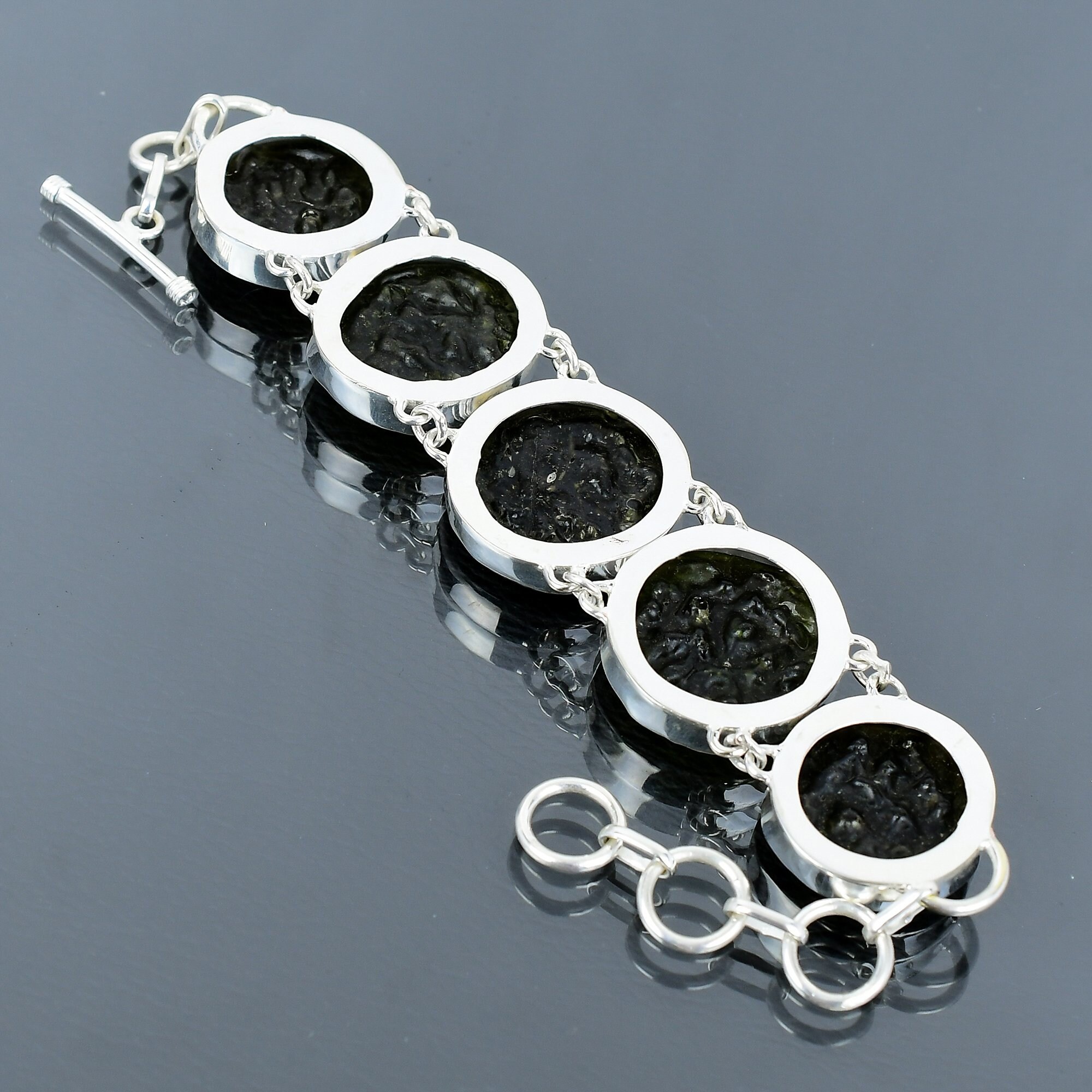 ハンドメイド モルダバイト 925 スターリングシルバー ブレスレット 