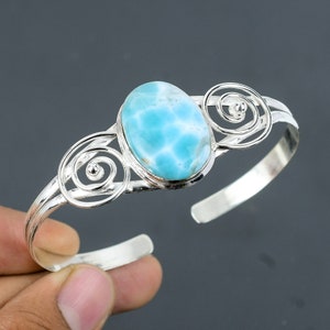 Larimar Gemstone Bangle 925 Sterling Silver Cuff Bracelet Adjustable Cuff Handmade Jewelry Latest Design Bangle Silver Jewelry Gift For Him