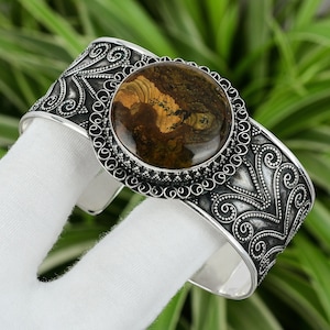 Picture Jasper Cuff Bracelet 925 Sterling Silver Bracelet Adjustable Bangle Real Picture Jasper Bangle Handmade Gemstone Vintage Bangle
