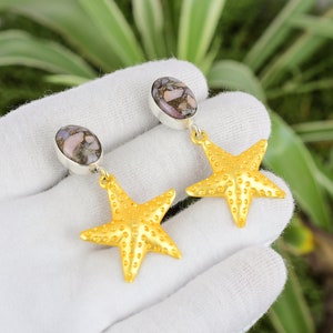 Pink Opal Starfish Earrings: 925 Sterling Silver, 18K Gold Plated