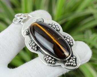 Collier Pendentif Vintage - Pierre Œil De Tigre Avec Cristaux - Monture Couleur Argent - Parfait état