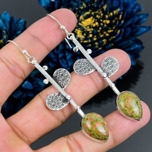 Handmade Unakite Gemstone Earrings: 925 Sterling Silver Dangle Jewelry