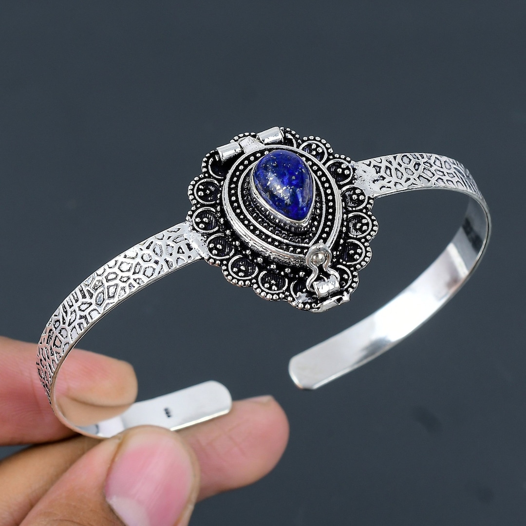 Lapis Lazuli Poison Box Bangle: Handmade 925 Sterling Silver Cuff - Etsy