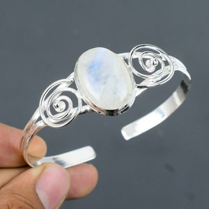 Rainbow Moonstone Cuff Bracelet: Handmade 925 Sterling Silver Adjustable Bangle