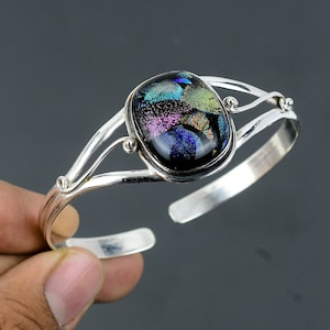Dichroic Glass Bangle: Handmade 925 Sterling Silver Cuff Bracelet