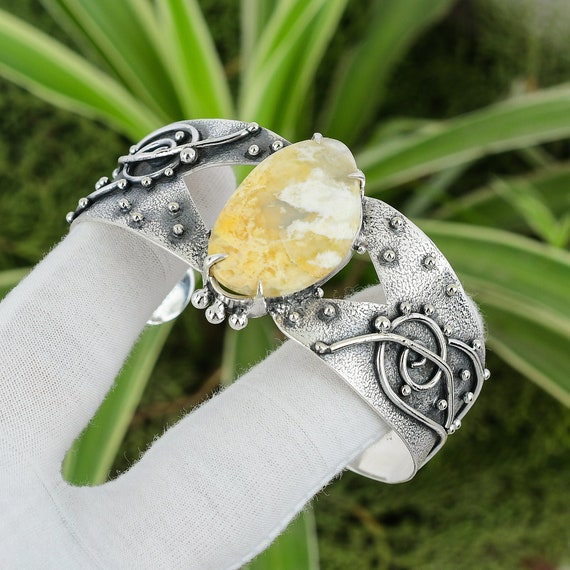 Plume Agate Bracelet 925 Sterling Silver Bangle Adjustable Bangle