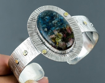 Handmade Sterling Silver Watermelon Tourmaline Cuff Bangle - Adjustable