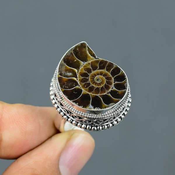 Bague ammonite fossile, bague en argent sterling 925, bague réglable, bijoux faits main, bague vintage, pierre précieuse originale, bague de promesse, cadeau pour elle