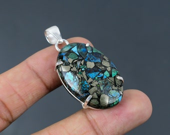 Copper Azurite Malachite Pendant: Handmade 925 Sterling Silver Gemstone Jewelry