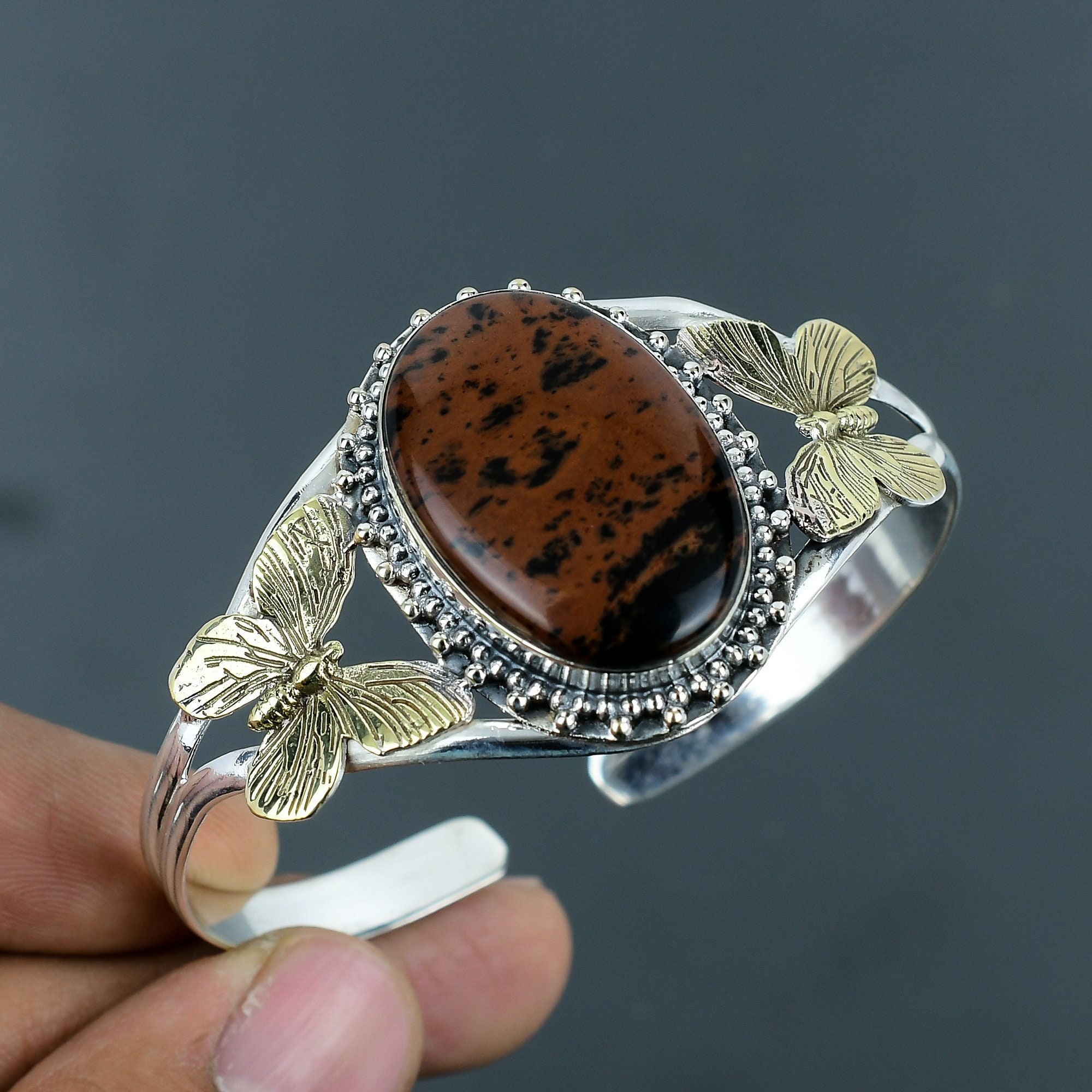 ハンドメイドのマホガニーオブシディアンカフ：925スターリング