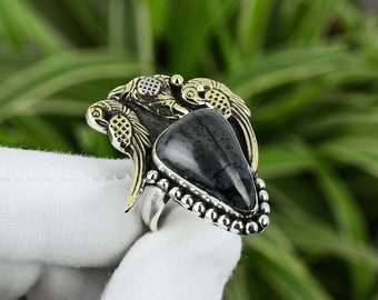 Handmade Picasso Jasper Ring: 925 Sterling Silver, 18K Gold Plated, Adjustable
