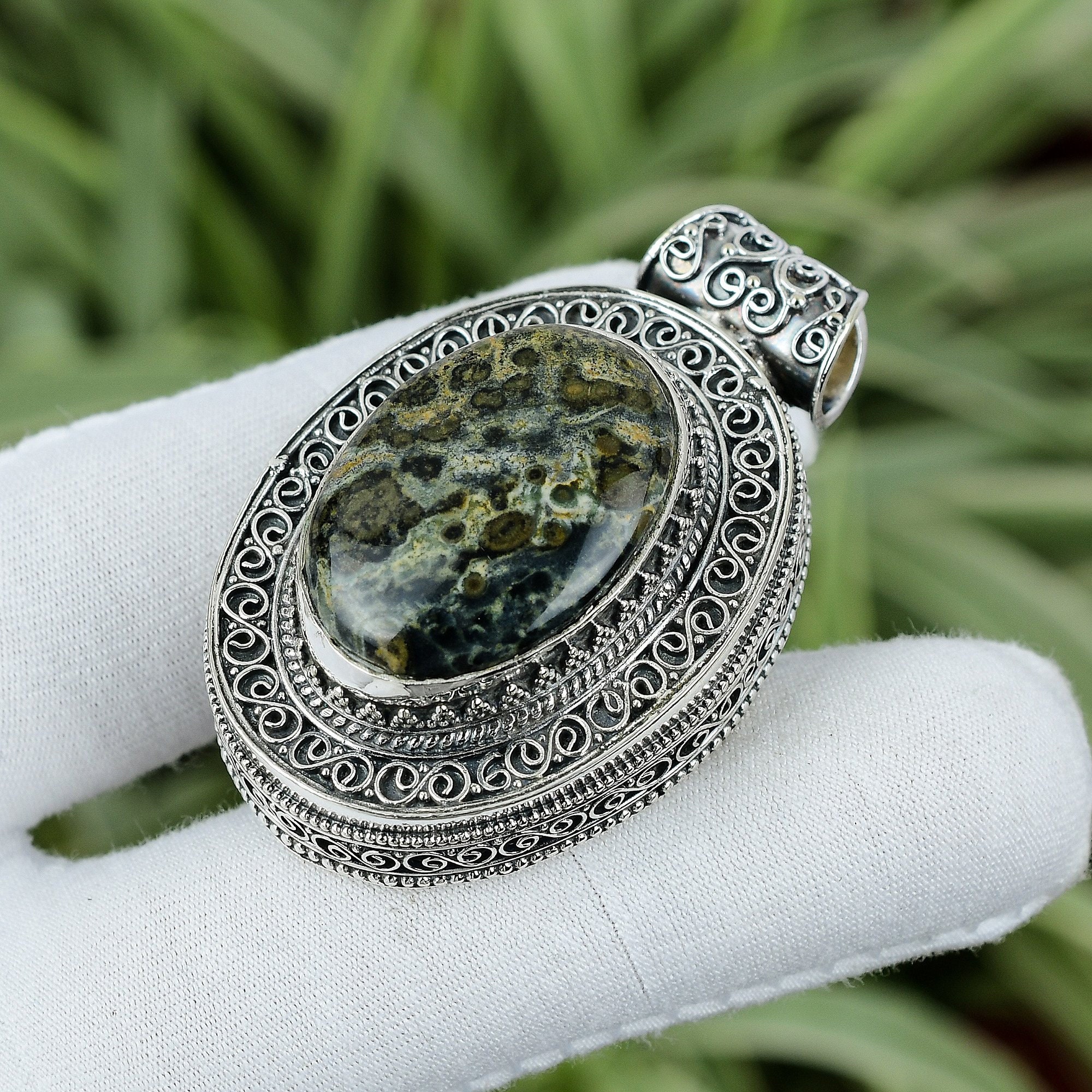 スワロフスキー✳️廃盤 boali antique green シルバー925 Ocean Jasper 925 Sterling Silver Pendant: Handmade Vintage Jewelry