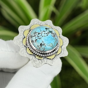 Handmade Tibetan Turquoise Ring: 925 Sterling Silver, 18K Gold Plated, Adjustable