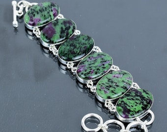 Pulsera de zoisita rubí hecha a mano: cadena ajustable de plata de ley 925