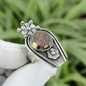 Window Titanium Druzy Ring 925 Sterling Silver Ring Ring Size 8.5 Handmade Women Ring Gemstone Ring Brand New Jewelry Wedding Gift For Mom