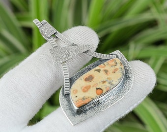 Pendentif En Argent Sterling 925 Avec Pierre Jaspe Océan Naturel - Fait Main - 2,5 Pouces - Neuf