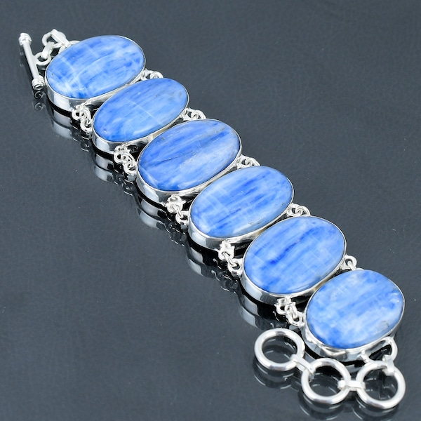 Oval Kyanite Bracelet: Handmade 925 Sterling Silver Adjustable Jewelry