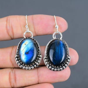 Handmade Oval Labradorite Drop Earrings: 925 Sterling Silver