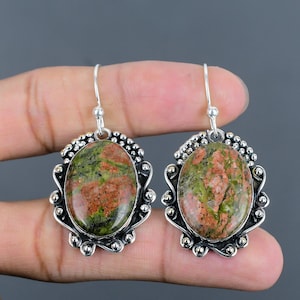 Handmade Unakite Earrings: 925 Sterling Silver Gemstone Jewelry