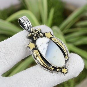 Handmade Dendrite Opal Sterling Silver Pendant: 18K Gold Plated