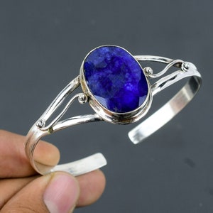 Faceted Blue Sapphire Cuff Bracelet: Handmade 925 Sterling Silver