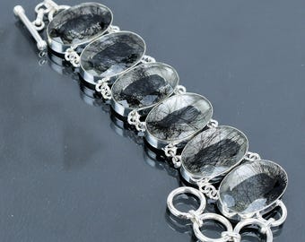 Faceted Black Rutile Bracelet: Handmade 925 Sterling Silver Adjustable Chain