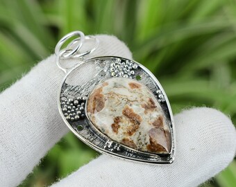 Handmade Spessartine Garnet Limestone Pendant: 925 Sterling Silver