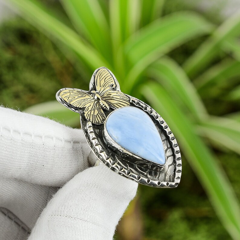 18K Gold Plated Owyhee Blue Opal Ring Gift For Mother Handmade Jewelry Adjustable Ring Genuine Gemstone Ring 925 Sterling Silver Ring