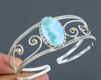 Larimar Cuff Bracelet: Handmade 925 Sterling Silver, 18K Gold Plated