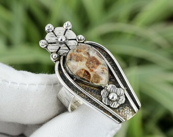 Handmade Pear Spessartine Garnet Ring: 925 Sterling Silver, Size 8