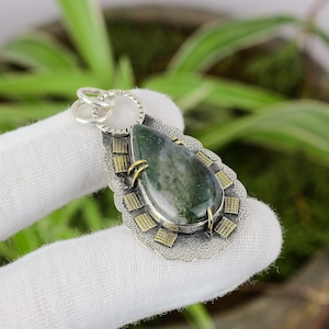 Handmade Pear Solar Moss Agate Pendant: 925 Sterling Silver, 18K Gold Plated