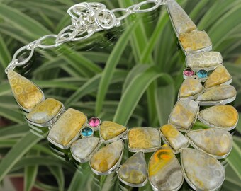 Fossile Koralle Multi-Stein Halskette, 925 Sterling Silber, verstellbare Kette