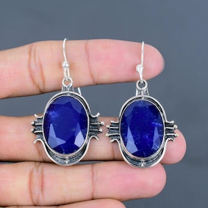 Faceted Blue Sapphire Earrings: Handmade 925 Sterling Silver Jewelry