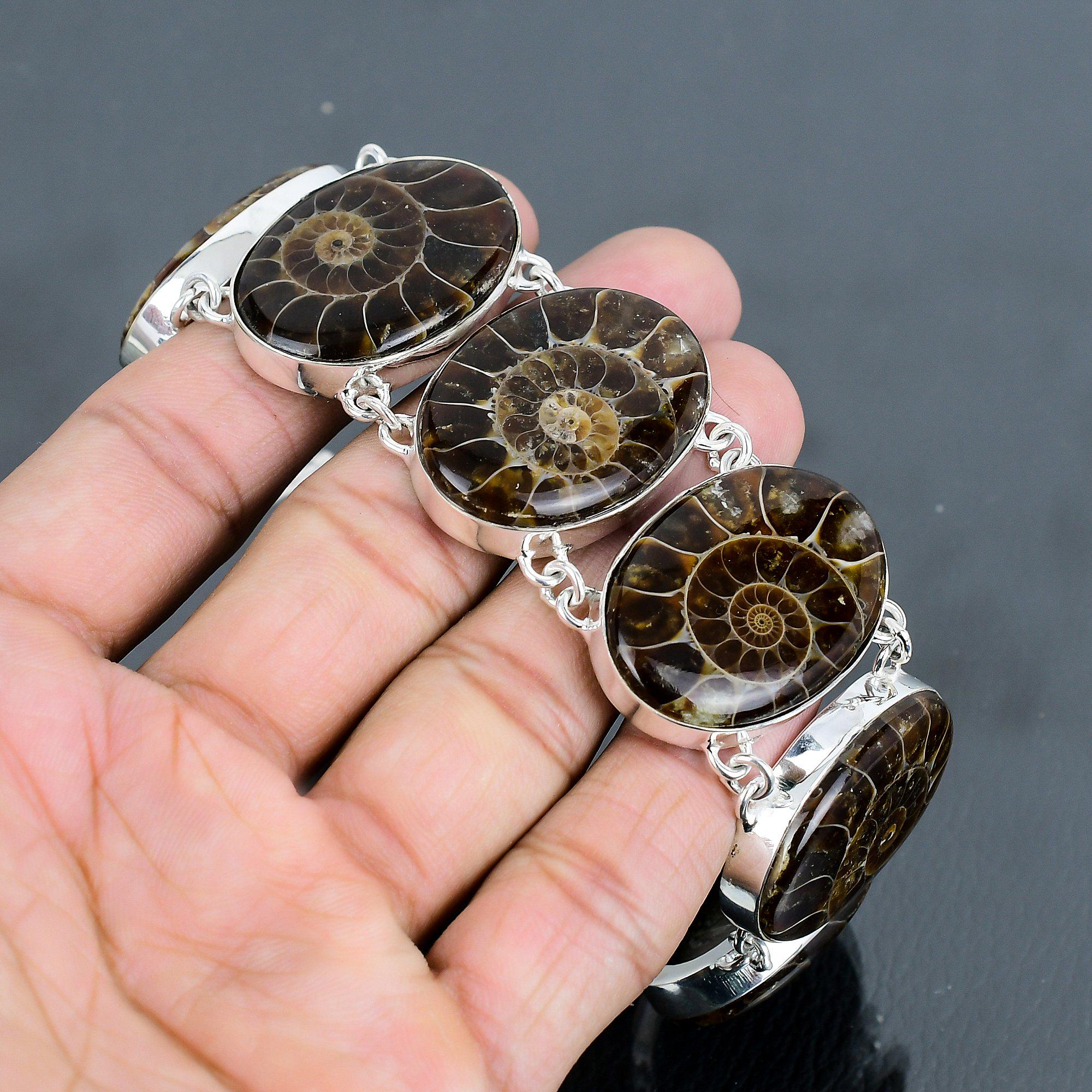 アンモナイト 化石 ブレスレット アンモナイト化石ブレスレット：925スターリングシルバー製、調節可能
