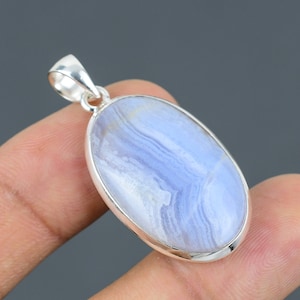 Handmade Blue Lace Agate Pendant: 925 Sterling Silver Gemstone Jewelry