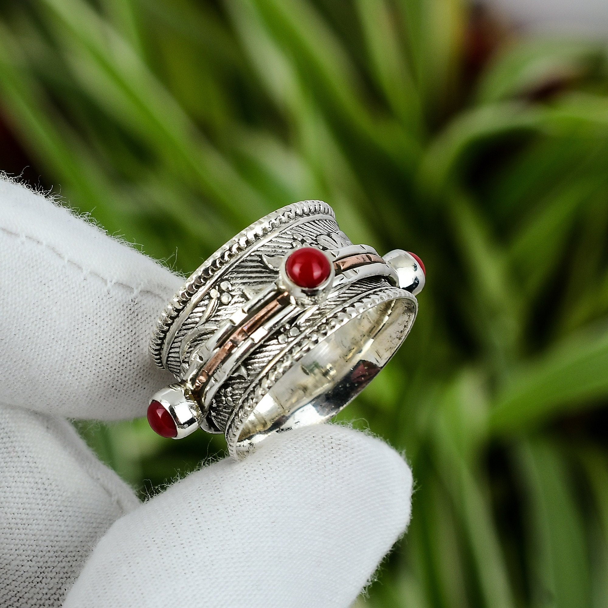 Italian Coral Ring 925 Sterling Silver Ring Ring Size 9.5 Rose Gold Plated Spinner Ring Handmade Gemstone Jewelry Anxiety Ring Gift For Her