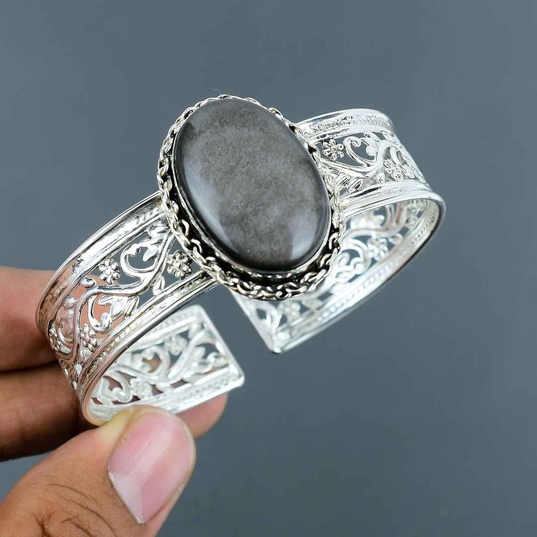 Snowflake Obsidian Coffin Silver Ring - Sterling Silver 925 Handmade Gemstone Ring, Size 7