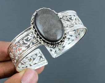 Silver Sheen Obsidian Bangle: 925 Sterling Silver Adjustable Cuff