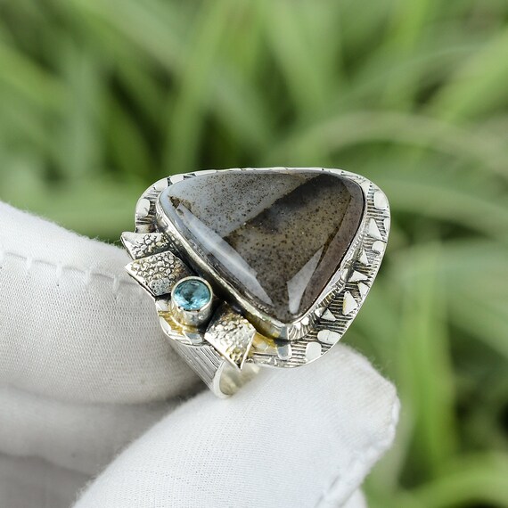 Sterling Ring Achat Heilstein Schweizer Silber Blautopas Ring Montana Größe 9 Edelstein Handgefertigter Ring Echter Verlobungsgeschenk Ring 925